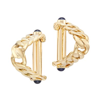 Lot 92 - Pair of Gold and Cabochon Sapphire Curb Link Cufflinks, Van Cleef & Arpels