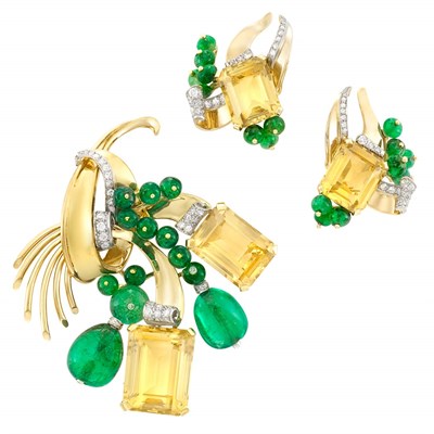 Lot 408 - Retro Two-Color Gold, Emerald Bead, Citrine and Diamond Clip-Brooch and Pair of Earrings
