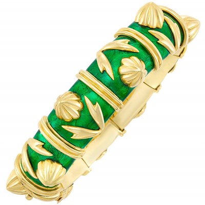 Lot 404 - Gold and Green Paillonne Enamel Bangle Bracelet, Tiffany & Co., Schlumberger, France