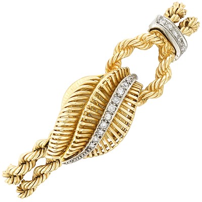 Lot 396 - Two-Color Gold and Diamond Leaf Bracelet-Watch