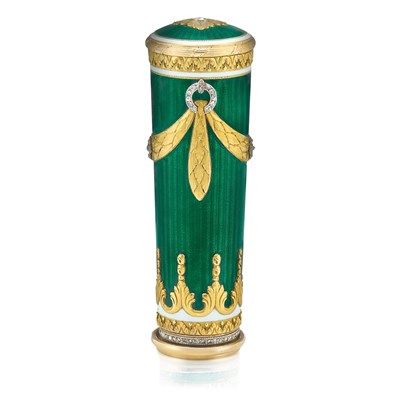 Lot 53 - Belle Epoque Gold, Platinum, Green Guilloche and White Enamel and Diamond Objet de Vertu