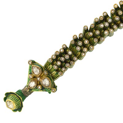 Lot 32 - Indian Gold, Enamel, Foil-Backed Diamond and Cord Bracelet