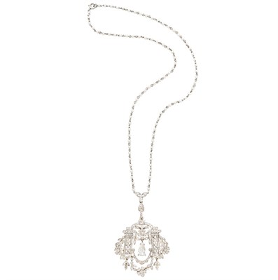 Lot 111 - Belle Epoque Platinum, Gold, Seed Pearl and Diamond Pendant-Necklace, Black, Starr & Frost