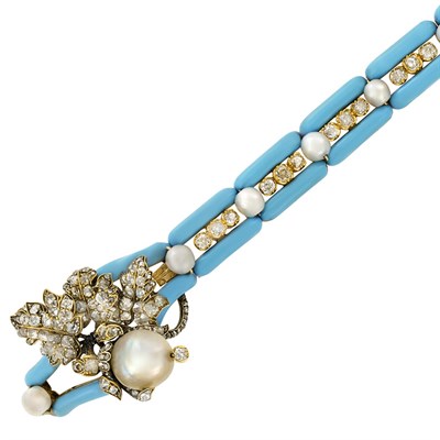 Lot 102 - Antique Gold, Silver, Turquoise, Enamel, Diamond and Pearl Bracelet
