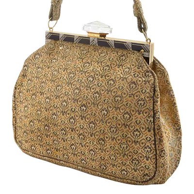 Lot 97 - Art Deco Gold, Platinum, Carved Rock Crystal, Diamond, Black Enamel and Fabric Evening Purse, France