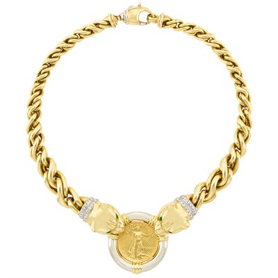 Lot 11 - Two-Color Gold, U.S. Gold Coin and Diamond Panther Head Chain Necklace
