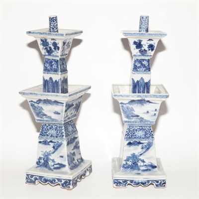 Lot 588 - Pair of Blue and White Porcelain Candlesticks...
