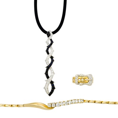Lot 206 - Diamond & Black Diamond Pendant & Cord, Gold and Diamond Bracelet and Buckle Ring, Stephen Webster, Jose Hess, Carelle
