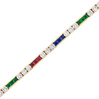 Lot 209 - Gold, Diamond, Sapphire, Ruby and Emerald Straightline Bracelet