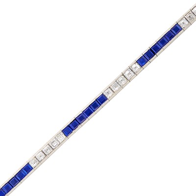 Lot 425 - Platinum, Diamond and Sapphire Straightline Bracelet