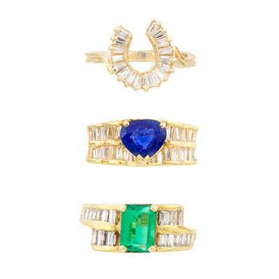 Lot 267 - Three Gold, Diamond, Sapphire and Synthetic Emerald Rings