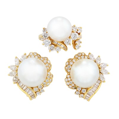 Lot 270 - Gold, South Sea Cultured Pearl and Diamond Ring and Pair of Earclips
