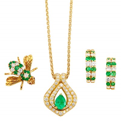 Lot 260 - Gold, Emerald and Diamond Bee Brooch, Pair of Hoop Earrings and  Pendant-Brooch with Chain