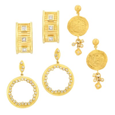 Lot 257 - Two Pairs of Gold and Diamond Earrings and Pair of Gold and Diamond Earclips