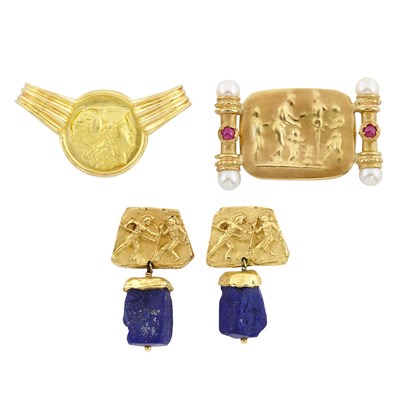 Lot 269 - Two Gold, Cultured Pearl and Cabochon Ruby Brooches and Pair of Gold and Lapis Lazuli Earrings