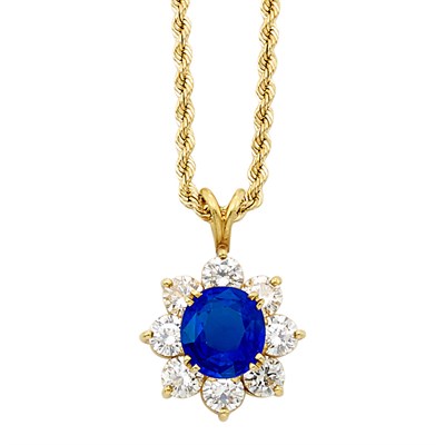 Lot 219 - Gold, Sapphire and Diamond Pendant with Gold Chain