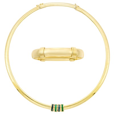 Lot 79 - Gold Necklace with Four Gold, Emerald and Sapphire Slides and a Gold Bangle Bracelet