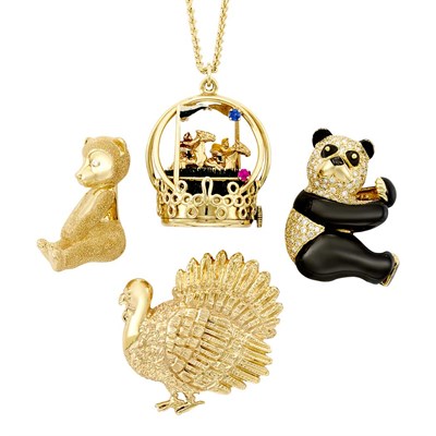 Lot 51 - Group of Two-Color Gold, Diamond, Gem-Set & Enamel Animal Jewelry and Chain