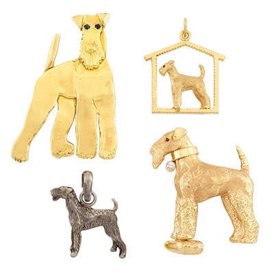 Lot 266 - Four Gold, Silver, Diamond, Ruby and Sapphire Dog Pins and Pendants