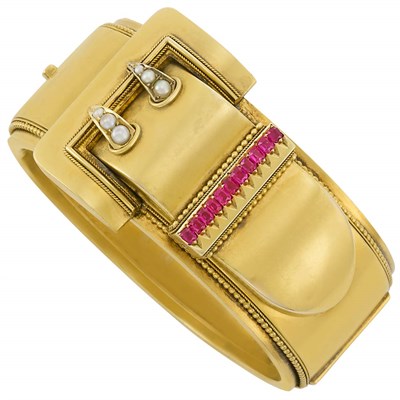 Lot 57 - Antique Gold, Ruby and Split Pearl Bangle Bracelet