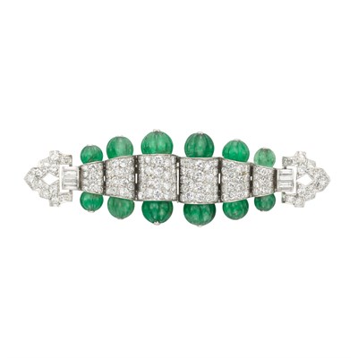 Lot 346 - Art Deco Platinum, White Gold, Diamond and Fluted Emerald Bead Double Clip-Brooch, Charlton