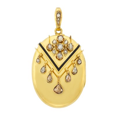 Lot 56 - Antique Gold, Diamond and Black Enamel Locket