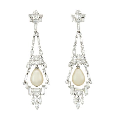 Lot 436 - Pair of Art Deco Platinum, Diamond and Natural Pearl Pendant-Earclips
