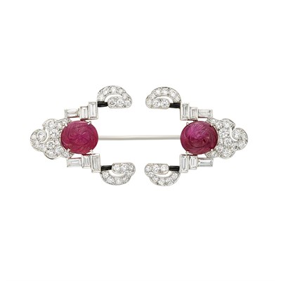 Lot 441 - Platinum, Carved Ruby, Diamond and Black Enamel Jabot, J.E. Caldwell & Co.