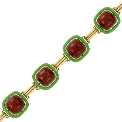 Lot 284 - Gold, Carnelian and Apple Green Enamel Bracelet