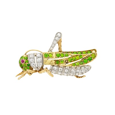 Lot 51 - Antique Gold, Platinum, Demantoid Garnet and Diamond Grasshopper Brooch