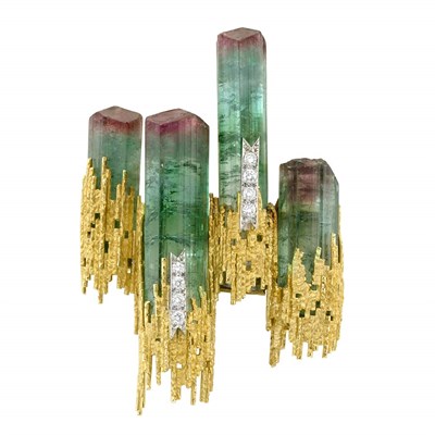 Lot 246 - Gold, Platinum, Watermelon Tourmaline Crystal and Diamond Brooch, Andrew Grima