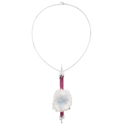 Lot 247 - White Gold, Pink Tourmaline Crystal, Drusy Rock Crystal Quartz and Diamond Pendant-Necklace, Andrew Grima