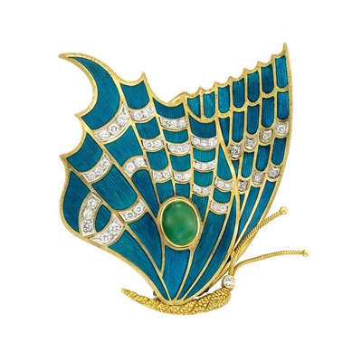 Lot 379 - Gold, Enamel, Diamond and Cabochon Emerald Butterfly Clip-Brooch, Tiffany & Co., France
