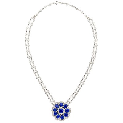 Lot 121 - Double Strand Platinum, Diamond and Sapphire Pendant Chain Necklace