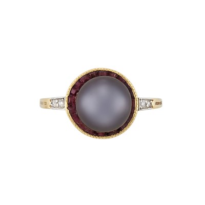 Lot 106 - Antique Gold, Platinum, Natural Gray Button Pearl, Ruby and Diamond Ring, Cartier