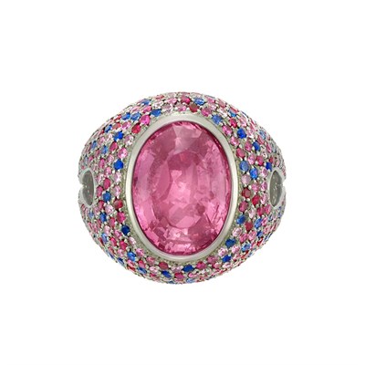 Lot 145 - Blackened White Gold, Pink Sapphire and Multicolored Sapphire Ring