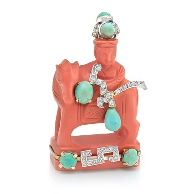 Lot 211 - Composite Coral, Turquoise, Diamond and Two-Color Gold Brooch, Seaman Schepps