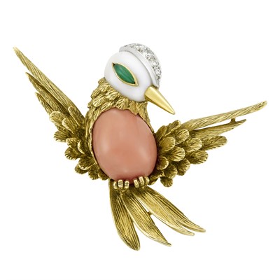 Lot 399 - Gold, Coral, Cacholong, Diamond and Dyed Green Chalcedony Bird Clip-Brooch, Gubelin, France
