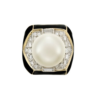 Lot 191 - Gold, South Sea Cultured Pearl, Diamond and Black Enamel Ring
