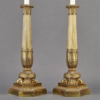 Lot 459 - Pair of Empire Style Brass Candlesticks Each...