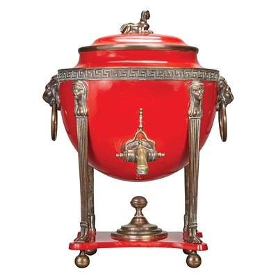 Lot 478 - Regency Red Painted Tole and Silvered Brass...