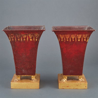 Lot 451 - Pair of French Gilt Decorated Red Tole Peinte...