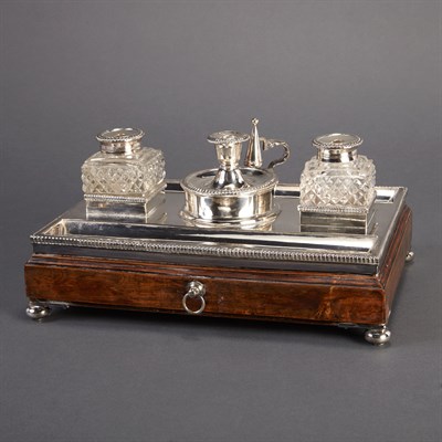 Lot 534 - George III Silver Plated Stained Wood Inkstand...