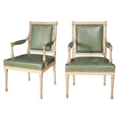 Lot 554 - Pair of Louis XVI Style Painted Fauteuils Each...