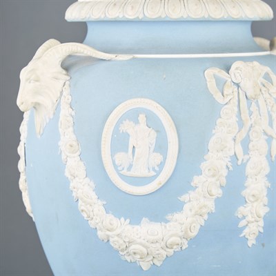 Lot 462 - Wedgwood Blue Jasperware Covered Urn-Form Vase...
