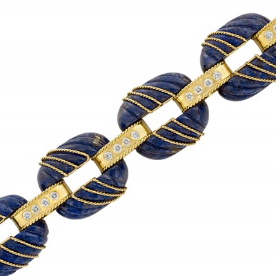 Lot 27 - Gold, Carved Lapis and Diamond Bracelet