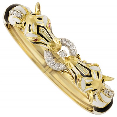 Lot 196 - Gold, Black and White Enamel and Diamond Zebra Bangle Bracelet