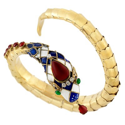 Lot 43 - Gold, Enamel, Cabochon Garnet and Emerald and Diamond Snake Bracelet