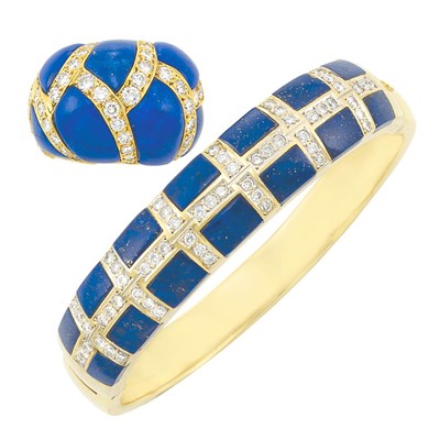 Lot 37 - Gold, Lapis and Diamond Bangle Bracelet and Bombe Ring