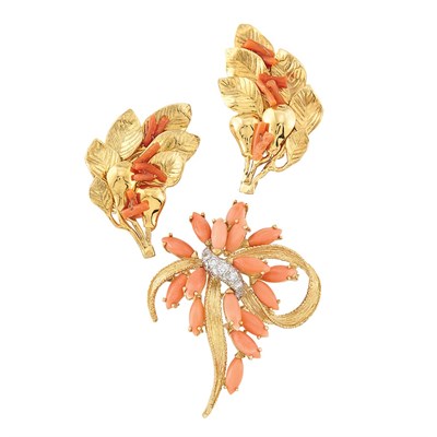 Lot 53 - Gold, Coral and Diamond Brooch and Pair of Gold and Branch Coral Earclips